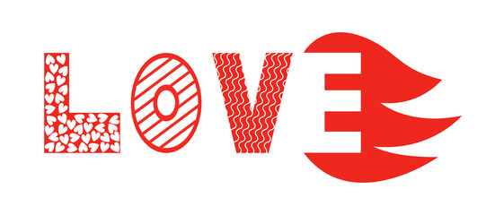 word LOVE. Styled letters in red and white colors. Symbol of Valentine's day. Vector illustration for social media, websites, banner.