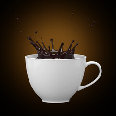Splash of coffee in a white cup. Isolated on a black background. 3D illustration