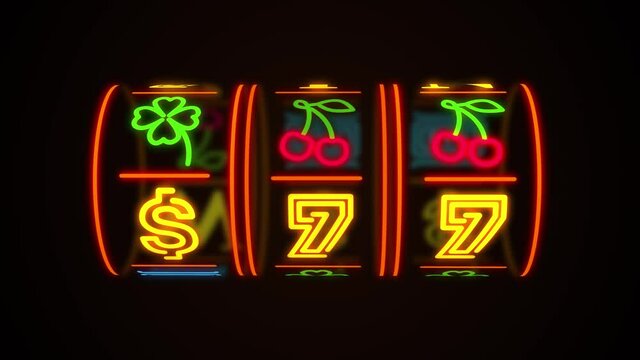 neon casino slot machine spinning, money flying after win combination. Animation