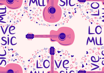 Colourful sketch drawing doodle seamless pattern of music culture with country guitar and text phrase Love Music