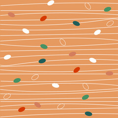 Simple decorative background, multicolored polka dot, white horizontal stripes on coral background. Vector illustration for design of social networks, textiles.