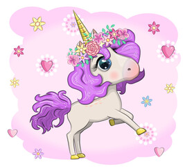 Magic cute unicorn, stars, clouds and moon poster, greeting card