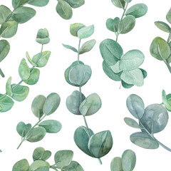 Obraz premium Eucalyptus delicate branches watercolor seamless pattern. Eucalyptus leaves endless background.
