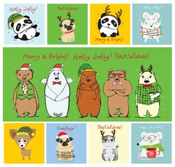 Vector illustration of christmas cats, bears, rats and dogs with Christmas and new year greetings.