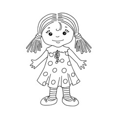 Fototapeta premium Cute cartoon doll or little girl for coloring page or book. Chilren toy concept. Black and white vector 10 EPS illustration.