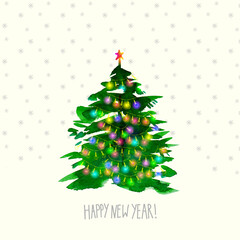 Hand drawn watercolor Christmas fir tree with lights and snowflakes