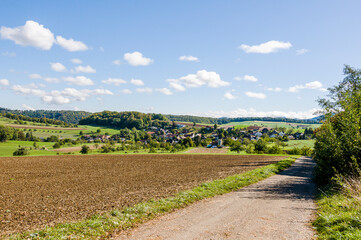 Obraz premium Lampenberg, Landwirtschaft, Bubendorf, Hölstein, Felder, Obstbäume, Kirschbäume, Wildenstein, Eichenwald, Wanderweg, Baselland, Herbst, Schweiz