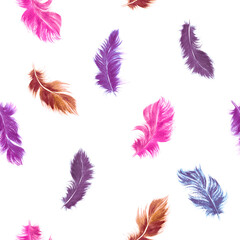 Watercolor feather seamless pattern in pink