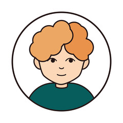young boy curly hair cartoon character, round line icon