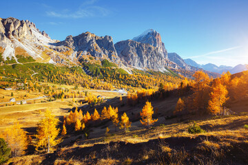 Beautiful view of the Mt. Tofana di Rozes from Falzarego pass. Dolomite alps, Italy.