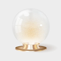 Fototapeta na wymiar Realistic 3D Christmas glass ball. Isolated over white background. Christmas glass snow globe with golden snow. Snowball on gold stand. Christmas snow globe. Vector illustration.
