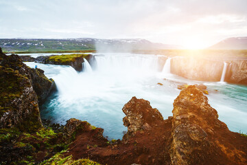 Amazing view of famous Godafoss cascade. Location place Bardardalur valley, Iceland, Europe.