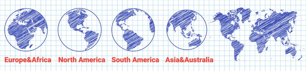 drawn globe world icon. sketch world map. Globe of Asia Australia, Europe, Africa, North America, South America. Vector earth map