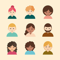 diverse people group cartoon characters flat icons set
