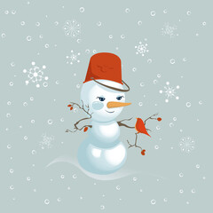 Charming female snowman looks at a bird sitting on her stick hand. Snowlady has an elegant hat bucket carrot nose and sticks hands. Illustration is calm and joyful.