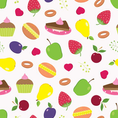 Vector seamless pattern with fruit and sweats for holiday tea drinking. Childish style on a white background