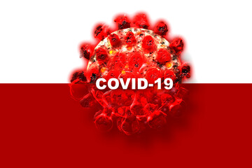 Covid-19 coronavirus Sars-Cov-2 in Poland. Red virus on Polish Flag background.