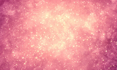 festive magical shining pink background with many stars in space, with dark spots. universal festive background for the design of invitations, cards, banners, brochures.