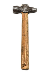 An old scratched and worn hammer on a wooden handle isolated on white background