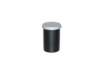 Black plastic film case with grey cap. Body for the photo film. Isolated on white background