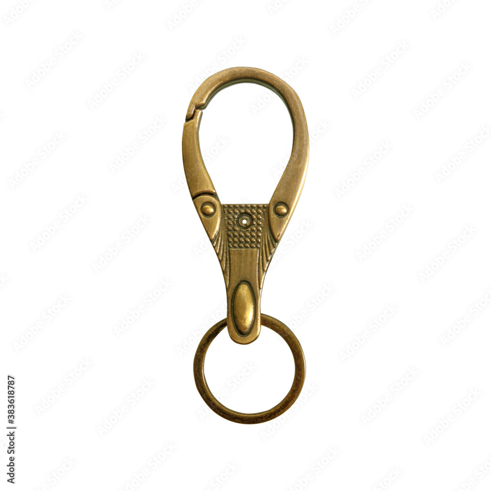 Wall mural brass carabiner for key chain with rings isolated on white background