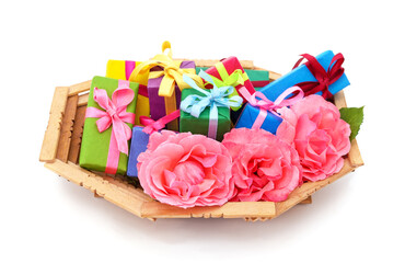 Gifts and roses in a basket.