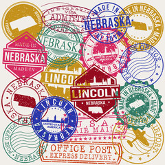 Linconln Nebraska Set of Stamps. Travel Stamp. Made In Product. Design Seals Old Style Insignia.