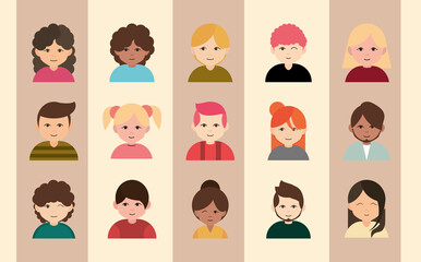diversity multiracial, multiethnic group people icons flat style