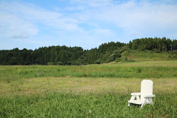 草原に置かれた小さな白い椅子 a small white chair on the grassland 2