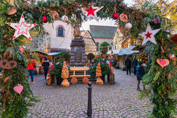 Christmas decorations in the Christmas Market, Eguisheim⁩, Alsace, France