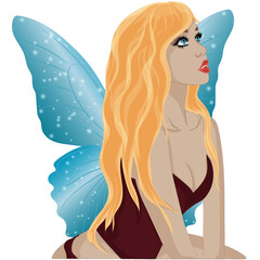 Girl with fairy wings sitting. Vector art