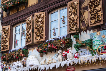Christmas decorations in the Christmas Market, Colmar, 
Alsace, France