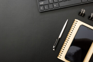Office desk table with supplies. Flat lay Business workplace and objects. Top view. Copy space for...