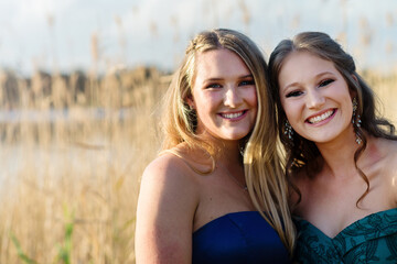 high school formal,two friends posing,with copyspace