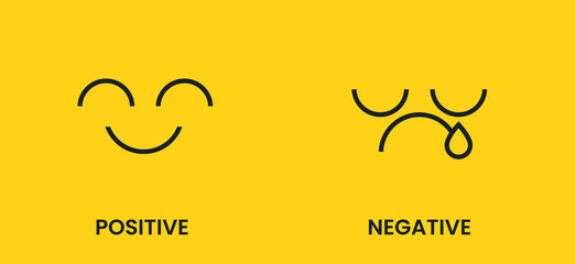 Positive and negative. Sad and cheerful emoticon face with a black smile on a yellow background. Antonyms vector banner.