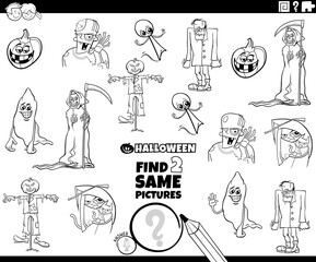 find two same Halloween characters task coloring book page