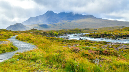 Skye Island landscape view after rain mountain and river