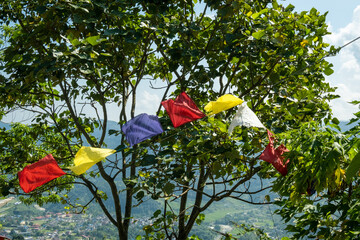 Multicolored Buddhist prayer flags with mantras on a background of green tree leaves. Traditional...