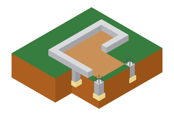 Isometric foundation cutaway vector illustration. Construction of building. Architectural technology