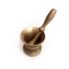 Heavy bronze mortar with pestle for grinding food spices and medicine isolated on white background
