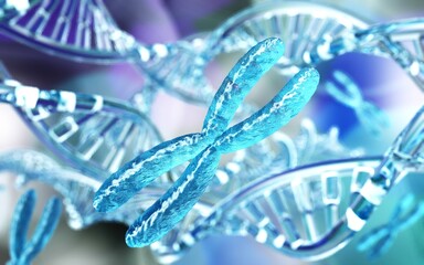 X chromosome against the background of DNA. Chromosomes and DNA.
3D rendering