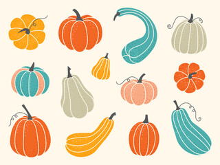 Set of cute decorative pumpkins of various shapes and colors. Colorful collection of objects for Halloween, Thanksgiving, harvest and autumn season. Isolated flat vector elements