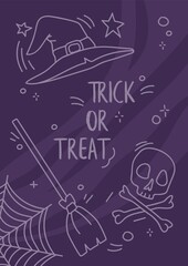 Mystic halloween card. Witch hat, broom and skull fly around. traek or treat poster. Can be used for web, greeting banner, print.