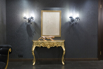 luxurious romantic room in a pompous style in black and gold colors with magnificent furniture