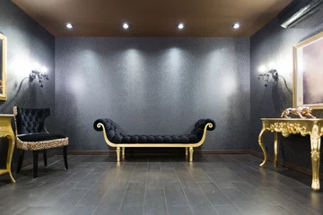 Fotobehang Hotel chique luxurious romantic room in a pompous style in black and gold colors with magnificent furniture  © 4595886