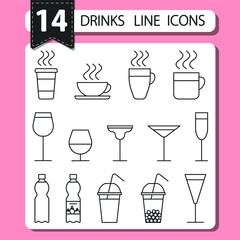 Set of 14 drinks line icons