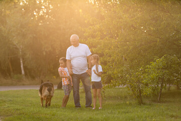 Obraz premium grandfather and two granddaughters are walking in the park