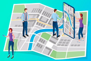 People work with maps and a smartphone with a GPS Navigator.The concept of modern technologies when using navigation.Isometric vector illustration.