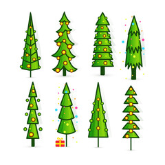 Set of Christmas trees, pines icons in flat style, bright graphics for design of greeting cards and invitations to New Year holidays and Christmas. Vector illustration