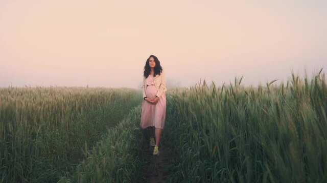 pregnant girl in dress with long hair walks across the field dawn. Touches hair